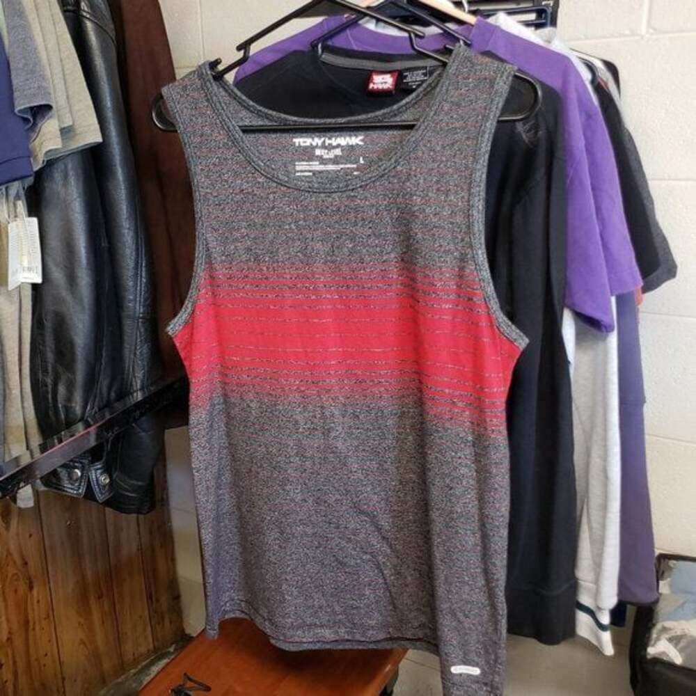 Tony Hawk ~ Tank Top Shirt~ Large ~ Gray Red Striped ~ Next Level Series